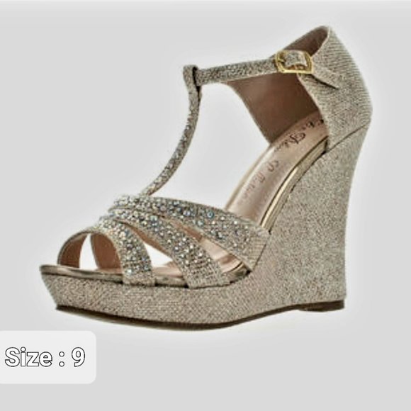 De Blossom Collection Shoes - De Blossom Collection Womens Silver Sparkle Rhinestone Wedges Size 9